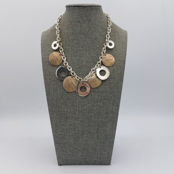 Vintage Necklace Chunky Bib Mother of Pearl and Metal Circle Charms Boho Rope Ch - Picture 1 of 9